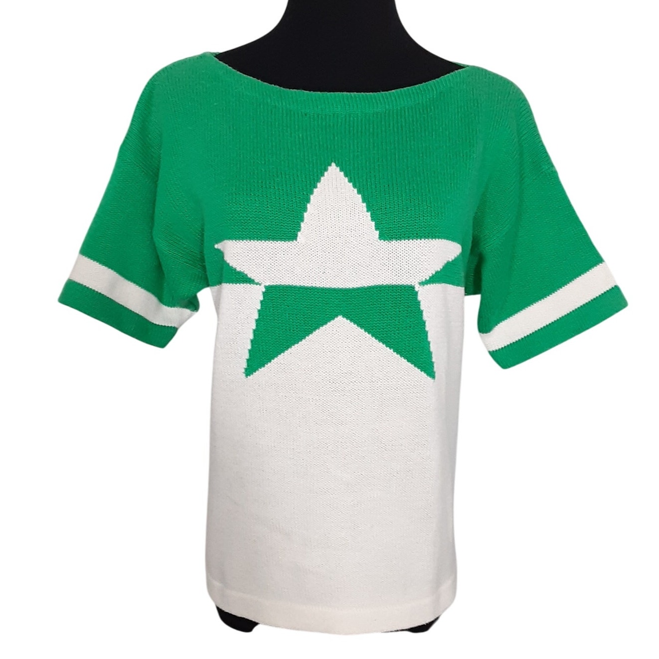Vintage 80s Lime Green Sweater Retro Star Graphic Short Sleeve Womens M Preppy